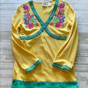 DG2 by Diane Gilman Yellow Long Sleeve Top with Floral Embroidery